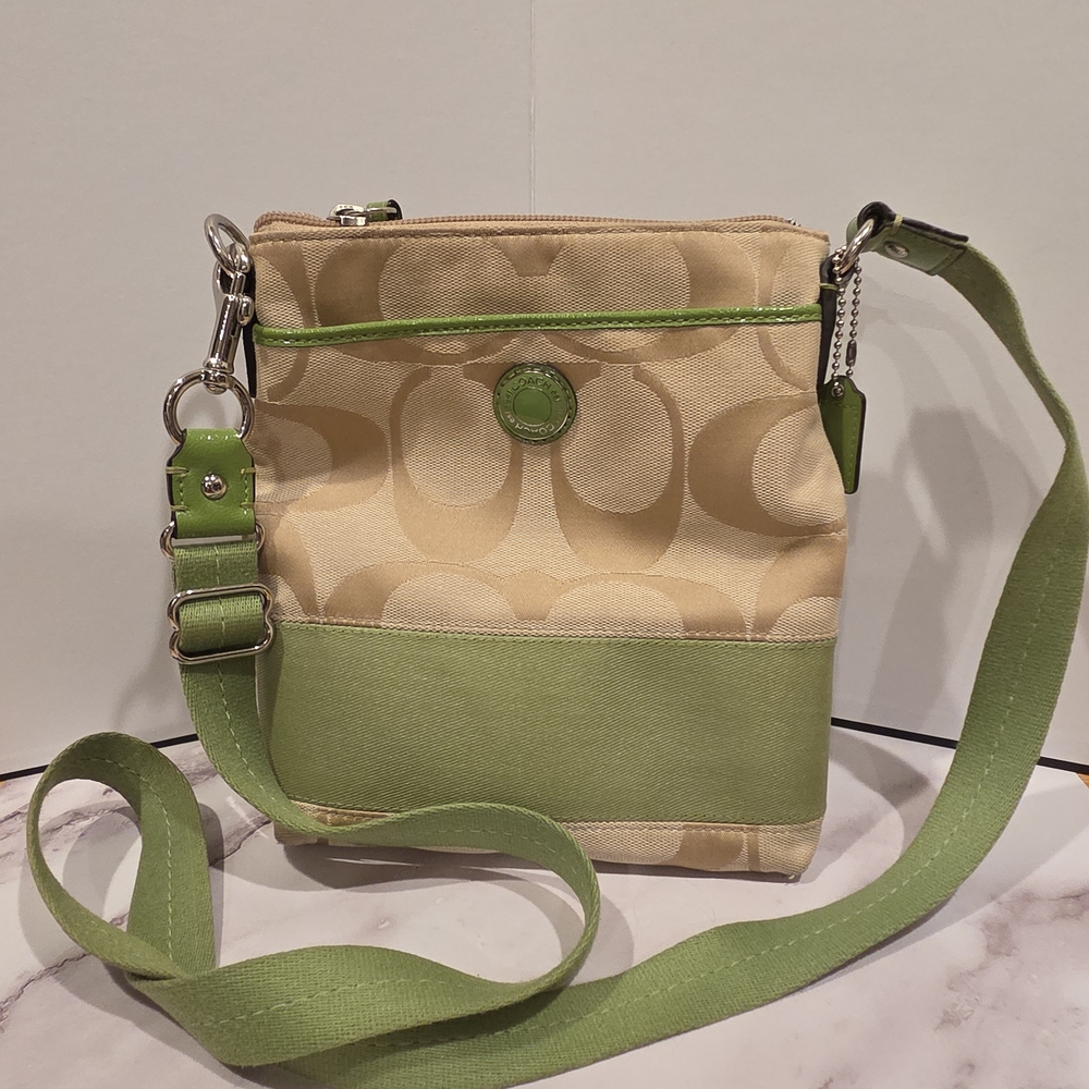 Coach Signature Stripe Beige and Lime Green Crossbody Bag